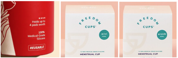 BloodとFreedom Cupsの月経カップ商品パッケージ